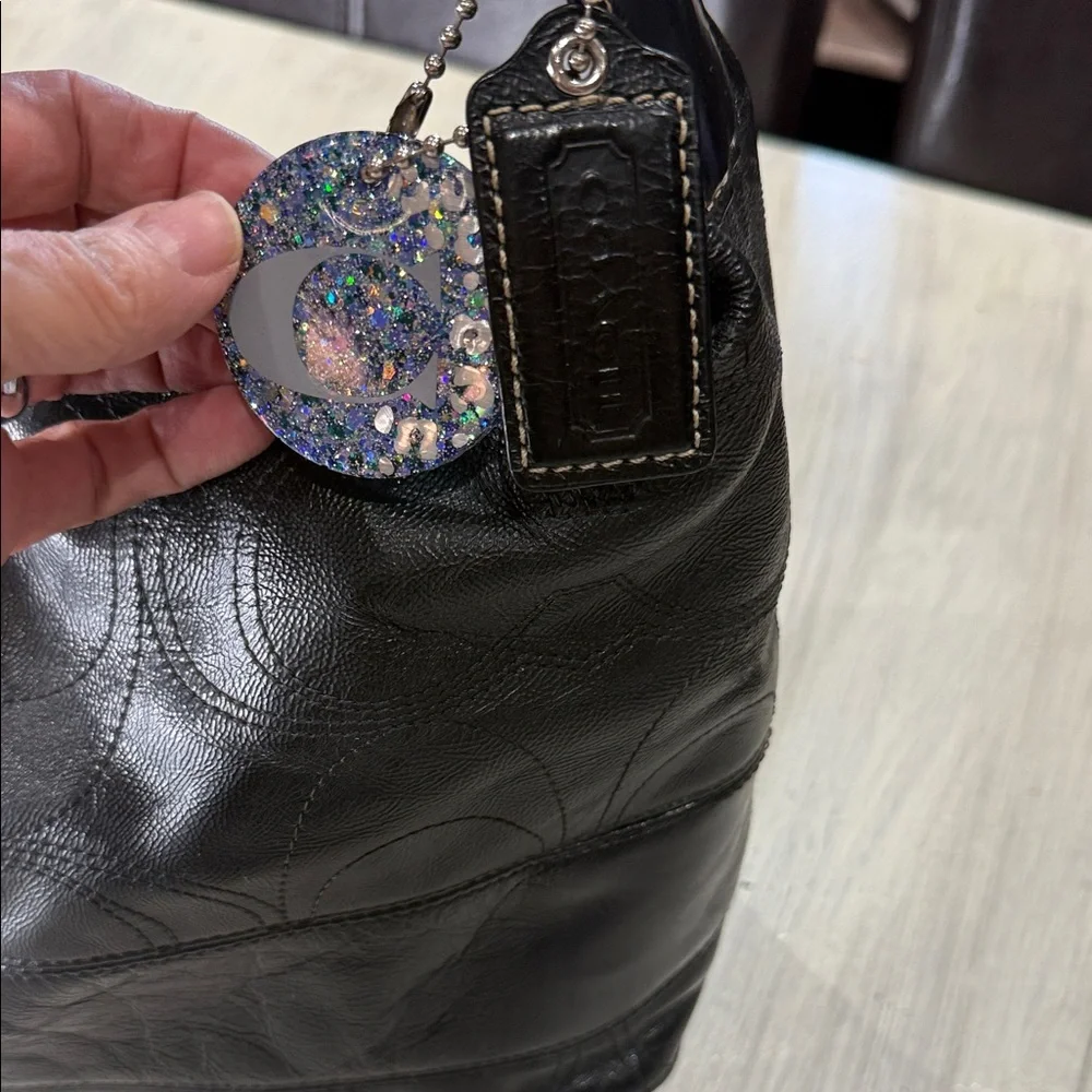 Coach Black Signature Stripe Stitched Leather Hobo Bag with Silver Accents